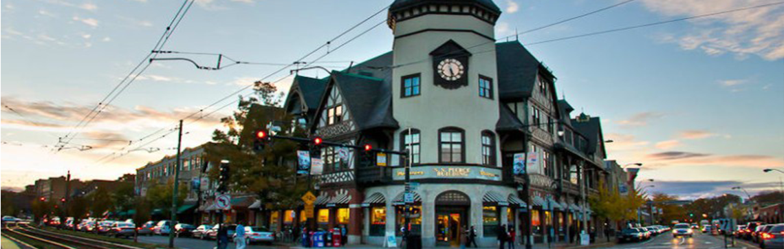 The S.S. Pierce Building and storefronts at Coolidge Corner, Brookline